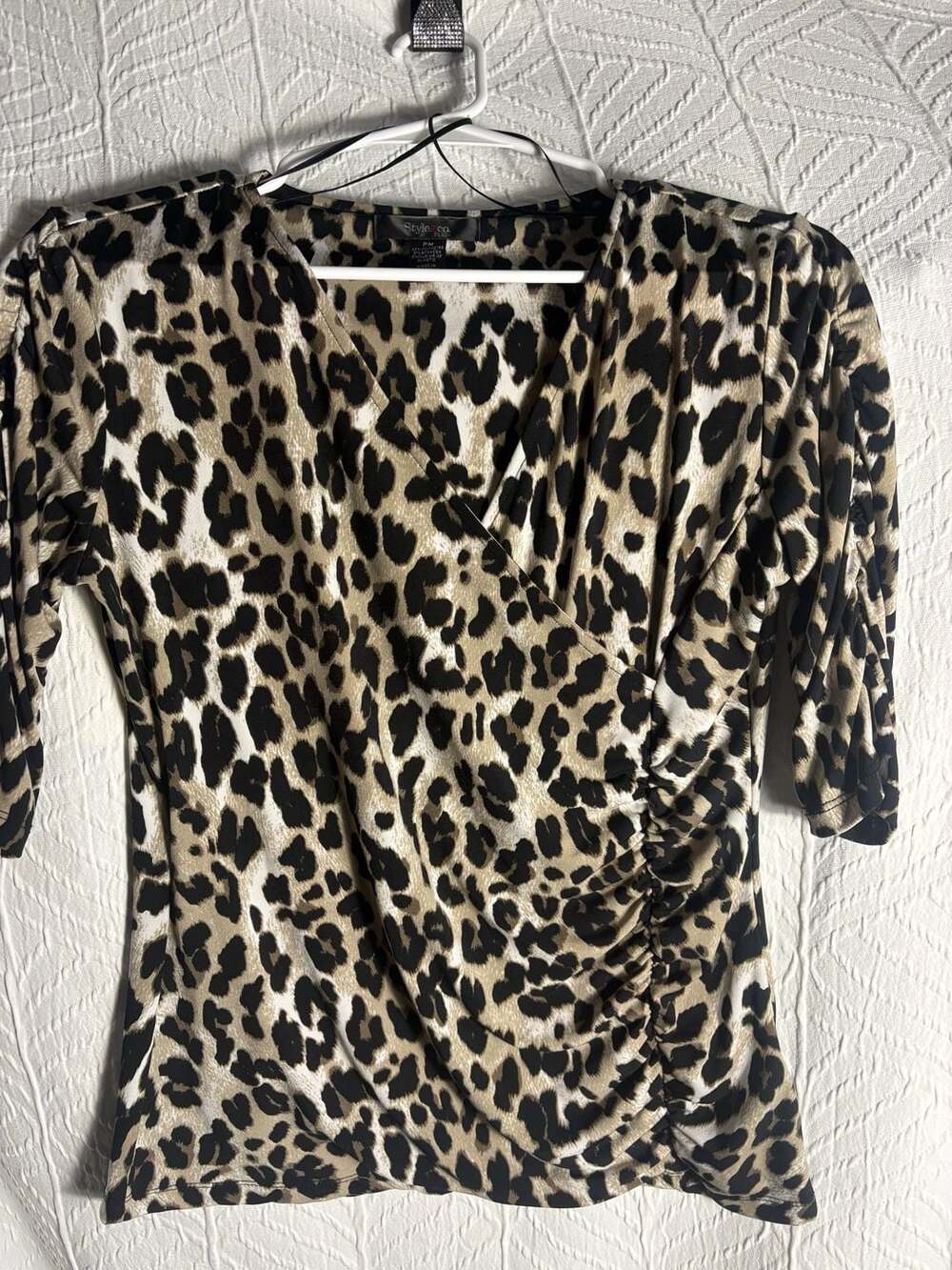 Style & Co Petite Women's PM Leopard Print V-Neck Ruched Top